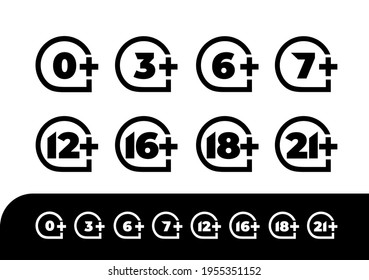 Age rating set icon 0, 3, 6, 7, 12, 16, 18, 21. Design vector illustration age limit for web and video games. Isolated on black and white background.