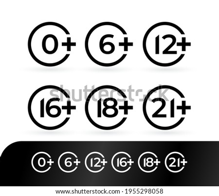 Age rating set icon 0, 6, 12, 16, 18, 21. Design vector illustration age limit for web and video games. Isolated on black and white background.