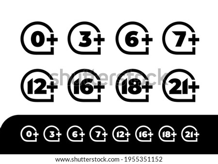 Age rating set icon 0, 3, 6, 7, 12, 16, 18, 21. Design vector illustration age limit for web and video games. Isolated on black and white background.