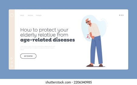 Age Related Disease Protection Landing Page Template. Senior Man with Health Problem, Arthritis, Joints Disease Symptoms. Elderly Male Character Feel Pain in Hands. Cartoon People Vector Illustration