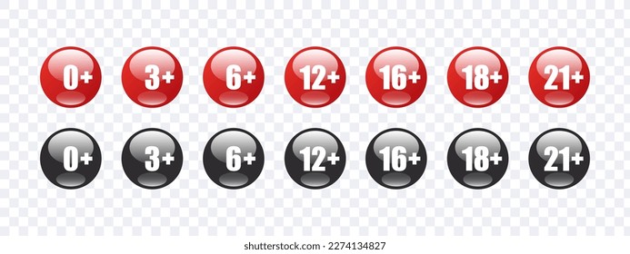 Age requirement icons. Age bar icons. Recommended age limit. Age restrictions signs. Vector images