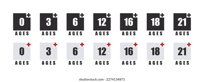 Age requirement icons. Modern age limit icons. Recommended age limit. Age restrictions signs. Vector images