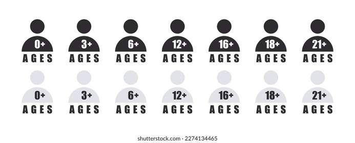 Age requirement icons. Age restriction of users. Recommended age limit. Age restrictions signs. Vector images
