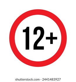 Age restriction for 12 plus vector illustration. Person under 12 not allowed sign, number twelve in red line isolated circle badge for age limit of forbidden restricted social media content, movie.