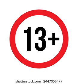 Restricción de Edad para 13 más Ilustración vectorial. Persona menor de 13 años no permitido signo, número trece en línea roja aislado círculo insignia para el límite de edad de contenido de medios sociales restringidos prohibidos, película.