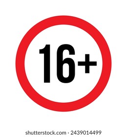 Age restriction for 16 plus vector illustration. Person under 16 not allowed sign, number sixteen in red line isolated circle badge for age limit of forbidden restricted social media content, movie.