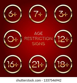 Age restriction of the adult content. App icon for age limits. Golden on dark vector sign.