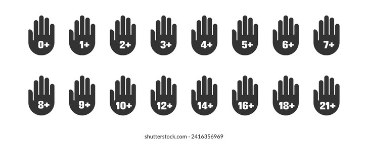 Juego de iconos planos negros de restricción de edad. Símbolo del límite de edad. Mano con restricción de edad. Ilustración vectorial de alta calidad.