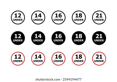 Age restriction flat icons set: 12, 14, 16, 18, 21 under linear vector design.