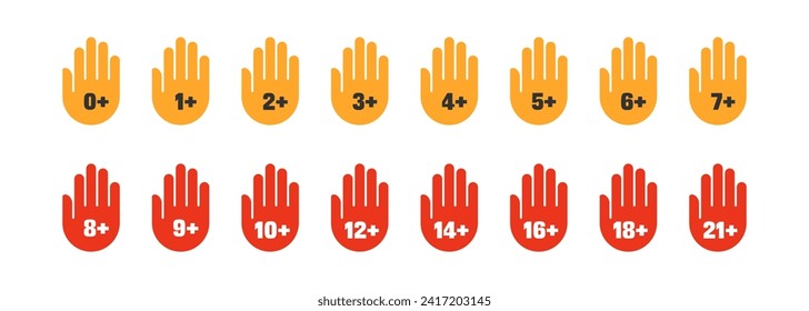 Juego de iconos de la mano de restricción de edad. Límite de edad, ilustración vectorial de alta calidad.