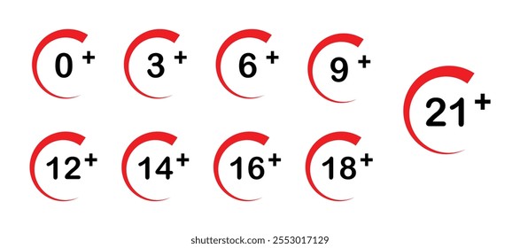 Age restriction icon set for 0, 3, 6, 9, 12, 14, 16,18 and 21 plus vector isolated on white background. Adults only. age limit concept