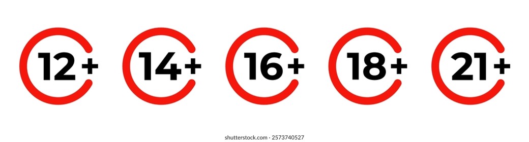 Age restriction icon set. 18 plus limit sign. Adult content prohibition warning. Adult only symbol. Parental advisory age circle collection. 12, 14, 16, 18, 21 plus over emblem. Censored label or tag.