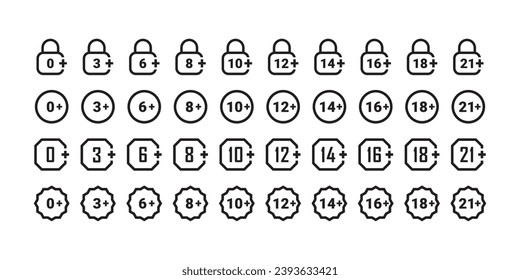 Juego grande de iconos de restricción de edad. Marcar el límite de edad. Insignias de restricción de edad. Gráficos escalables para vectores