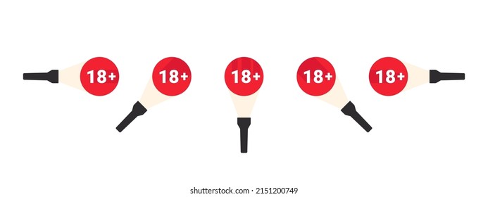 Age restriction icons. Mark age limit. Flashlight with age restriction. Vector icons