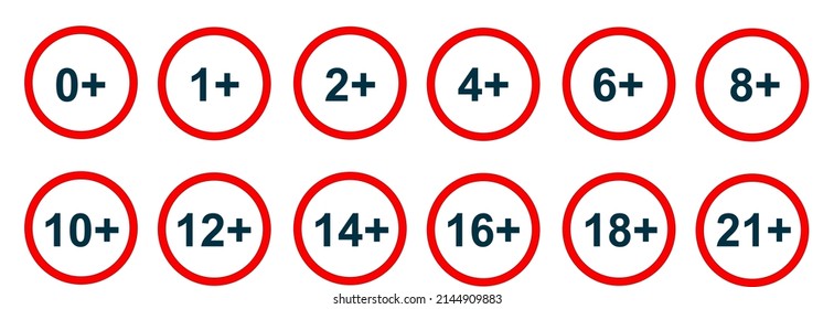 Age restriction icons set 0,2,4,6,8,10, 12, 14, 18, 16, 21 years old. Sign
censorship, permission by year.
Vector isolated illustration.