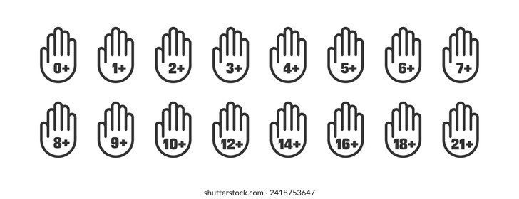 Iconos de restricción de edad establecidos. Símbolo del límite de edad. Mano con restricción de edad. Ilustración vectorial de alta calidad.