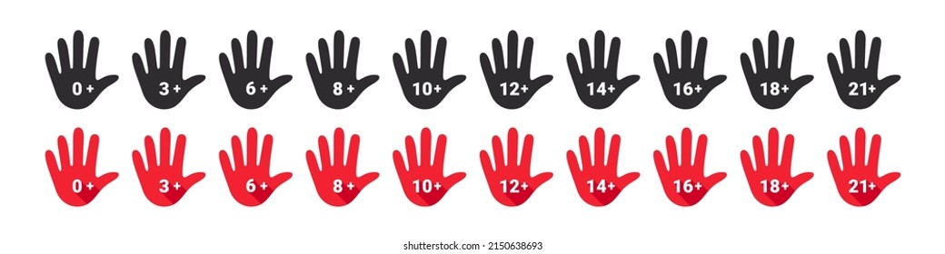 Age restriction icons set. Mark age limit. Hand with age restriction. Vector icons