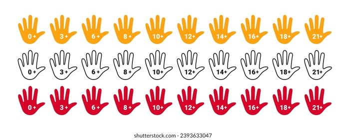 Iconos de restricción de edad establecidos. Marcar el límite de edad. Mano con restricción de edad. Gráficos escalables para vectores