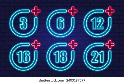 Age restriction icons set. Neon style icons. Age limit icons. Vector illustration