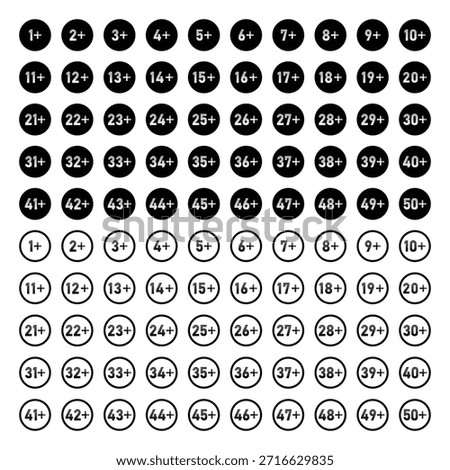 Age Restriction Icons Set - Number 1 to 50 Plus Rating Symbols for Content Advisory.