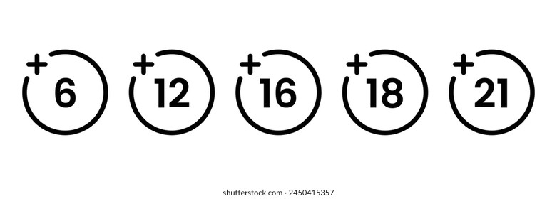 Age restriction Icons set. Sign for the restriction of the age content. Age limit from six to twenty one. Vector Illustration.