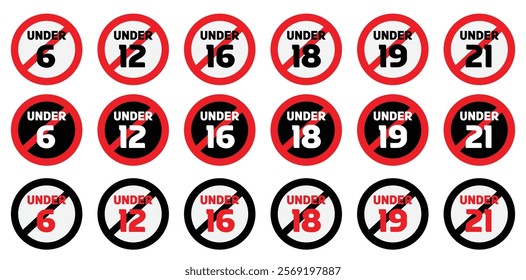 Age Restriction Icons Set for Warning Labels and Digital Content Stylish Age Limit Icon Collection for Websites Apps Packaging Compliance and Creative Graphic Design Projects