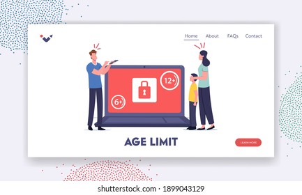 Vorlage für die Landing Page für die Benachrichtigung über Alterseinschränkungen. Kleine Mutter bedeckt Augen von Sohn auf riesigem Laptop mit erwachsenem Content-Video. Mit Film geschockt. Vektorgrafik von Cartoon People