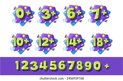 Age restriction numbers, vector signs from zero to nine. Cartoon digits three, six, seven or ten, twelve, fourteen and eighteen plus, isolated symbols for baby or teens restricted content prohibition