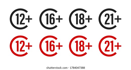  Age restriction .Set of age restriction on white background . Red and black sign , vector illustration .12 + 16+ 18 + 21+ 10 eps 