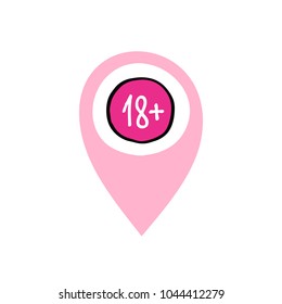 age restriction sign 18+ doodle icon, map pointer
