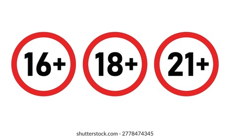 Age restriction sign collection, minimal flat circular symbols, sixteen, eighteen, twenty one, maturity, and access