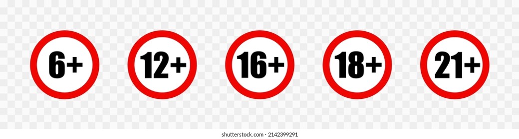 Juego de signos de restricción de edad. Iconos de concepto de límite de edad. Iconos de prohibición. Concepto de Censore. Los adultos sólo tienen contenido límite de edad 6, 12, 16, 18, 21 más años de edad. EPS gráfico vectorial 10