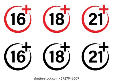 Age restriction sign set. Age limit sign set. 16 plus, 18 plus, 21 plus, icon set. Vector illustration.