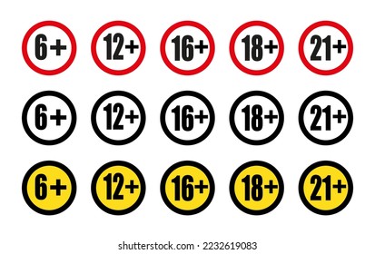 Age restriction signs 6, 12, 16, 18 and 21 age limit concept. Vector on isolated white background.  EPS 10.