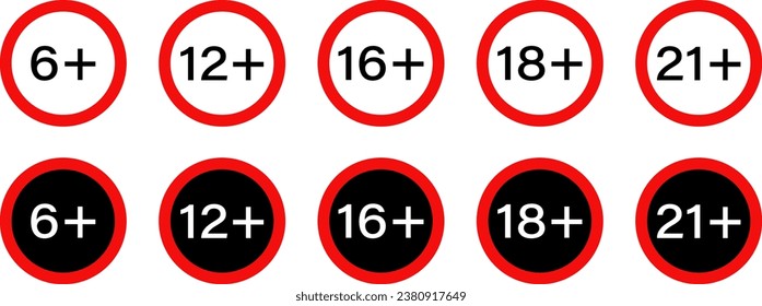 Age restriction signs. Age restriction 6+, 12+, 16+, 18+, 21+. Red sign on isolated background. Vector EPS 10