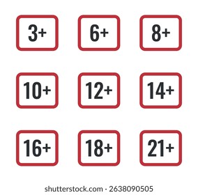 Age restriction signs, age limits icon set