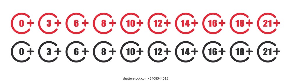 Age restriction signs. Recommended age limit. Underage access mark. Vector icons