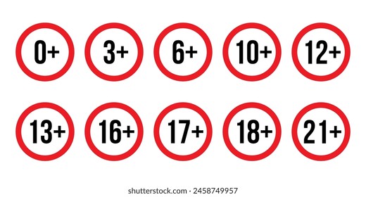 Age restriction signs set vector illustration. Red circle line isolated badge of different age limit collection, prohibition for restricted information for child and verification warning symbol