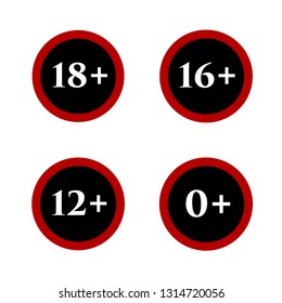 Age restriction signs in a vector on a white background.Age restriction +18,+16,+12,+0.