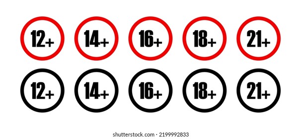 Juego de iconos vectoriales de restricción de edad. Símbolo redondo inferior a 12, 14, 16, 18, 21. Límite de edad para personas mayores símbolo de contenido para adultos