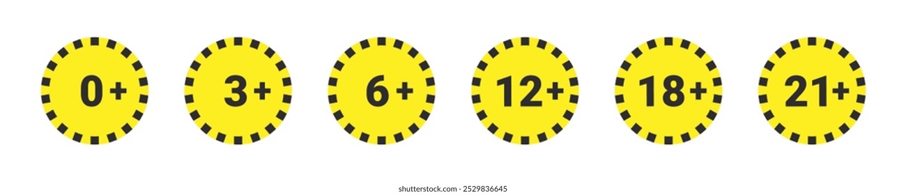 Age restriction vector icons. 0+, 3+, 6+, 12+, 18+, 21+. Icons for age restrictions in various levels