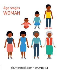 Age stages of a African American woman. Represented baby, infant, junior school pupil, teenager, high school student, young adult, mature person, pensioner and old lady. Flat style illustration.