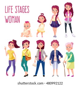 Age stages of a caucasian woman with funny purple hair. Represented baby, infant, junior school pupil, teenager, high school student, young adult, mature person, pensioner and old lady. Cartoon style.