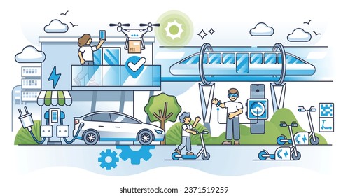 Age of sustainable transport with effective infrastructure outline concept. Smart city with innovative technologies and electric public transportation vector illustration. Futuristic green delivery.