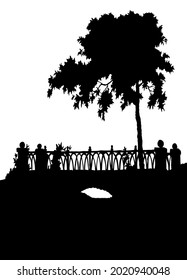 Age urban history arc path way yard brook bank scene outline black ink pen hand drawn picture frame art retro doodle line style. Scenic wild bush branch wood leaf plant view white text space backdrop