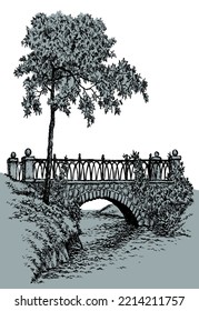 Age urban history arc path way yard brook bank scene outline black ink pen hand drawn picture frame art retro doodle line style. Scenic wild bush branch wood leaf plant view white text space backdrop