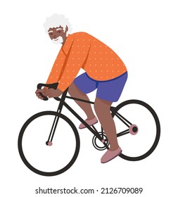aged african american man with gray hair rides a bicycle. Illustration on the theme of active recreation of pensioners 