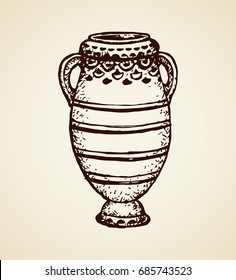 Aged assyrian culture bowl container isolated on white backdrop. Freehand outline ink hand drawn object icon sketchy in vintage art etching graphic style pen on paper. Closeup view with space for text