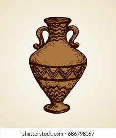 Aged assyrian culture bowl container isolated on white backdrop. Freehand outline ink hand drawn object icon sketchy in vintage art etching graphic style pen on paper. Closeup view with space for text
