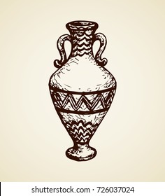 Aged assyrian culture bowl container isolated on white backdrop. Freehand outline ink hand drawn object icon sketchy in vintage art etching graphic style pen on paper. Closeup view with space for text